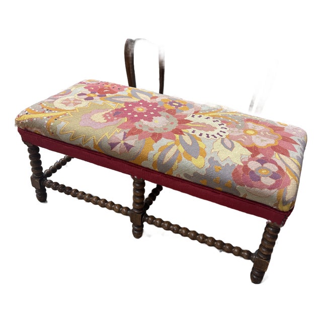 Antique English Bench Bobbin Turned Legs With Needle Point and Velvet Upholstery For Sale