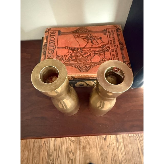 Mid-Century Modern Vintage Solid Brass Modernist Candlestick Holders – 8” Tall, Substantial Weight, Sleek Mid-Century Style (Pair) For Sale - Image 3 of 3