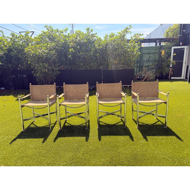Vintage Campaign Maison Jansen Style, Pace Chrome Table & Director Arm Chairs, Suede Leather Chrome and Brass C. 1970s For Sale - Image 10 of 12