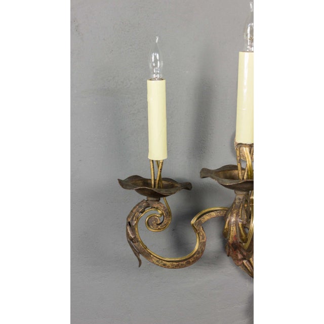 Metal Pair of French Gilt Wrought Iron Three-Arm Wall Sconces, Louis XV Style, 1920s For Sale - Image 7 of 9