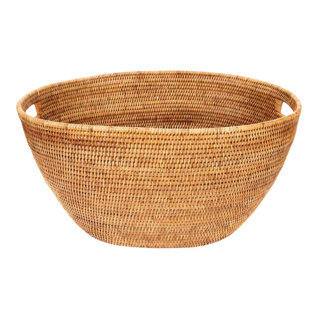 Artifacts Rattan Laundry Basket with Cutout Handles in Honey Brown For Sale