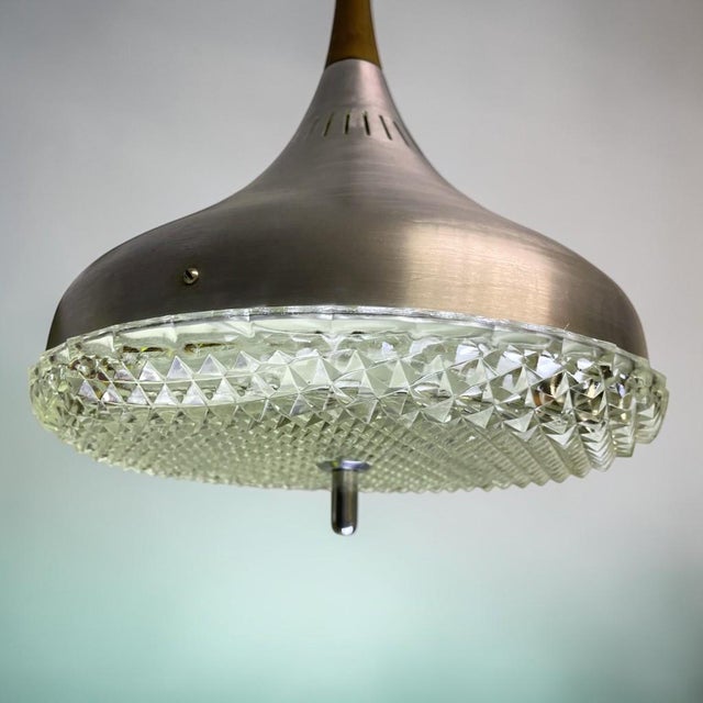 Metal Mid-Century Modern Scandinavian Chromed Aluminium and Glass Hanging Light with Wooden Accent, 1970s For Sale - Image 7 of 15