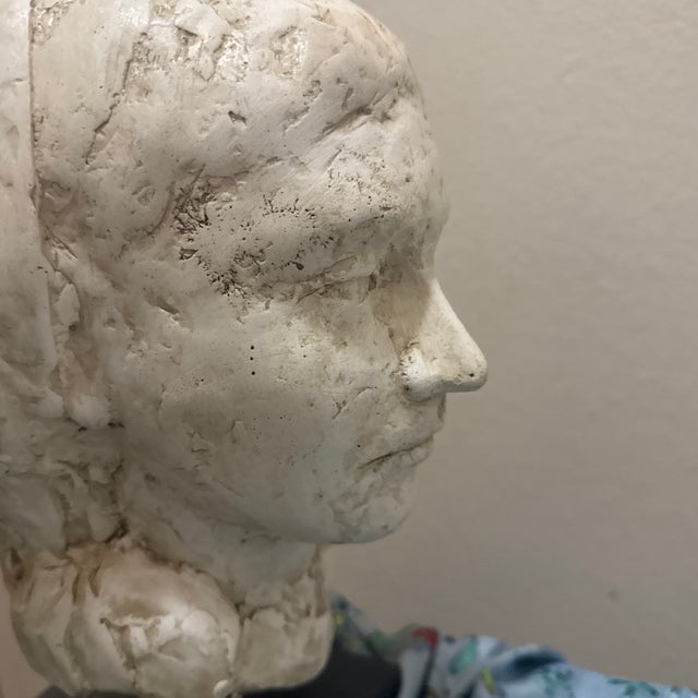 Sculpture Materials Early 20th Century Hand-Sculpted Figurative Plaster Bust on Wooden Base For Sale - Image 7 of 12