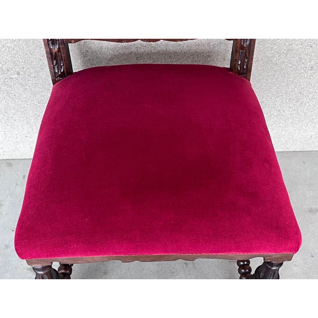 19th Century Set of Six French Carved Walnut Turned Wood Chairs With Velvet Seat For Sale - Image 12 of 13