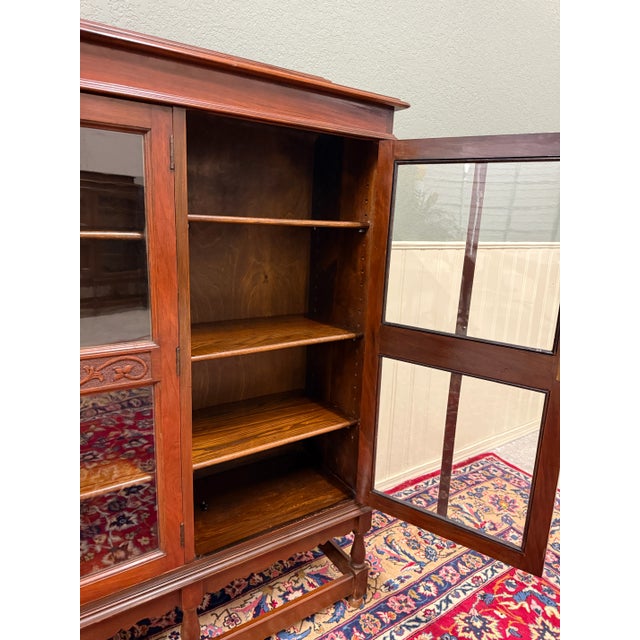 Antique English Jacobean Bookcase Bookshelf Cabinet Wavy 3 Door Glass Mahogany For Sale In Dallas - Image 6 of 14