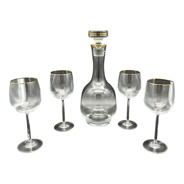 Vintage 24k Gold Rim Crystal Decanter With Goblets Set- 5 Pieces For Sale