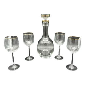 Vintage 24k Gold Rim Crystal Decanter With Goblets Set- 5 Pieces