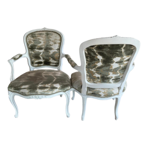 Vintage French White Louis XV Bergere Tete a Tete Chair / Settee W/ Abstract Gray Green & Taupe Upholstery