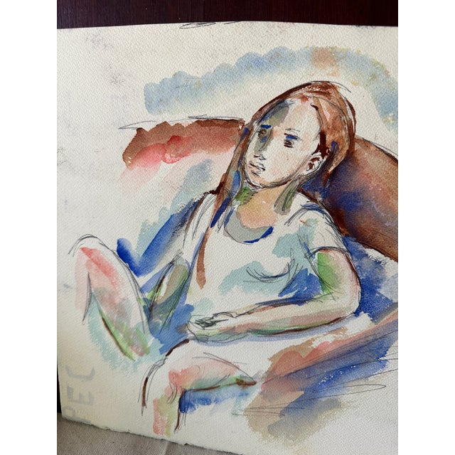 Paint Watercolor Expressionism Painting of Sitting Girl For Sale - Image 7 of 8