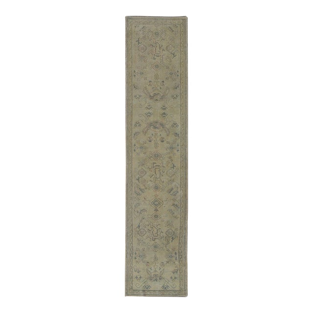 Antique Turkish Oushak Runner With All-Over Design With Green and Blue Accents For Sale