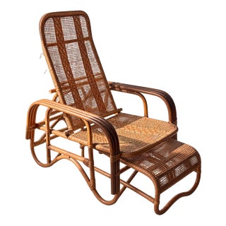 Mid-Century Adjustable Rattan Chaise Lounge with Retractable Footrest, Japan For Sale