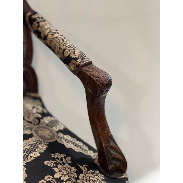 Wood Vintage Louis XV Style Hand Carved Walnut Armchair With Black and Gold Damask Upholstery For Sale - Image 7 of 10