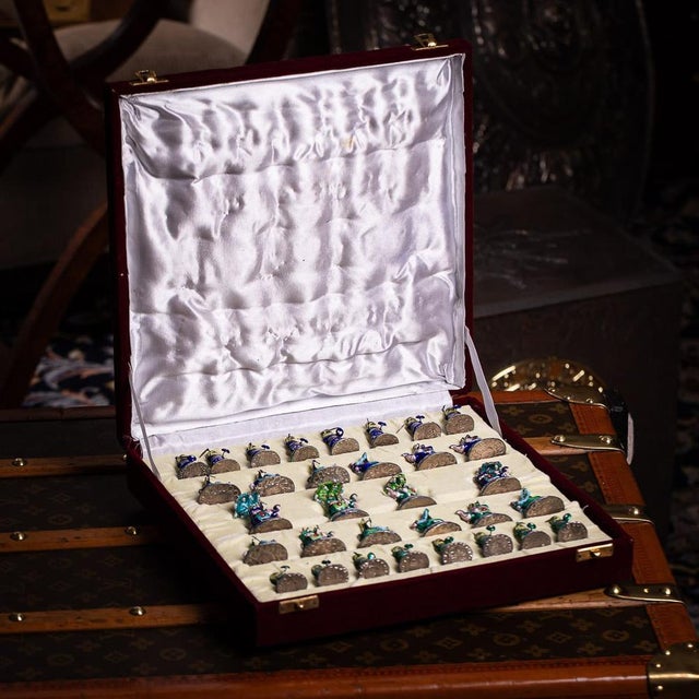 Vintage mid 20th century indian solid silver and hand painted enamel chess set, complete with 32 pieces. Presented in a...