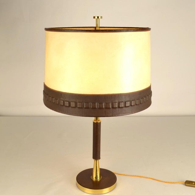 Leather and Brass Table Lamp with Parchment Shade, 1960s For Sale - Image 3 of 12