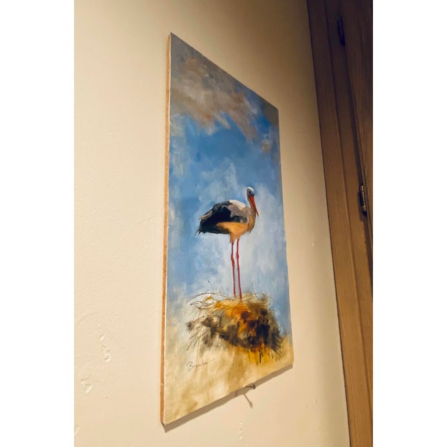 Figurative A Stork in Alsace by Linda Tracey Brandon | Oil on Linen Panel Stork standing on a nest. For Sale - Image 3 of 3
