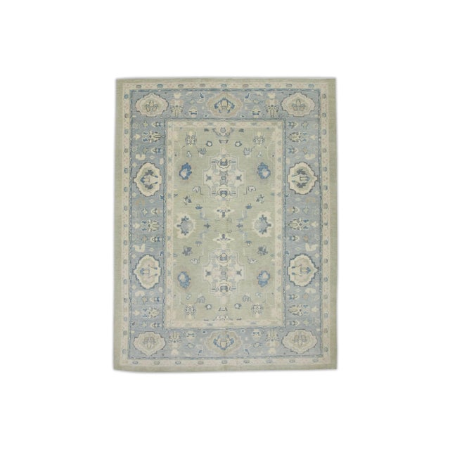 Green Early 21st Century Green & Blue Floral Design Handwoven Wool Turkish Oushak Rug 6'2" X 8'2" For Sale - Image 8 of 8