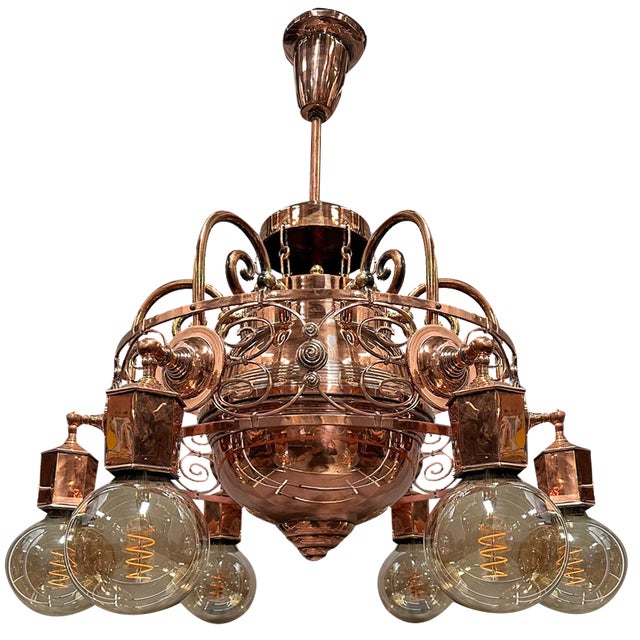 Art Nouveau Copper Light Chandelier, 1920s For Sale