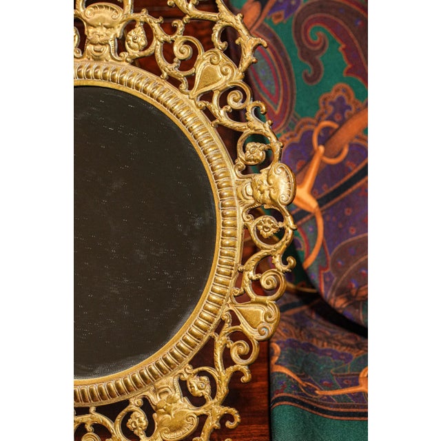 Ornate Scroll Floral Brass Metal Easel Back Frame With Circular Mirror Dresser For Sale In New York - Image 6 of 11