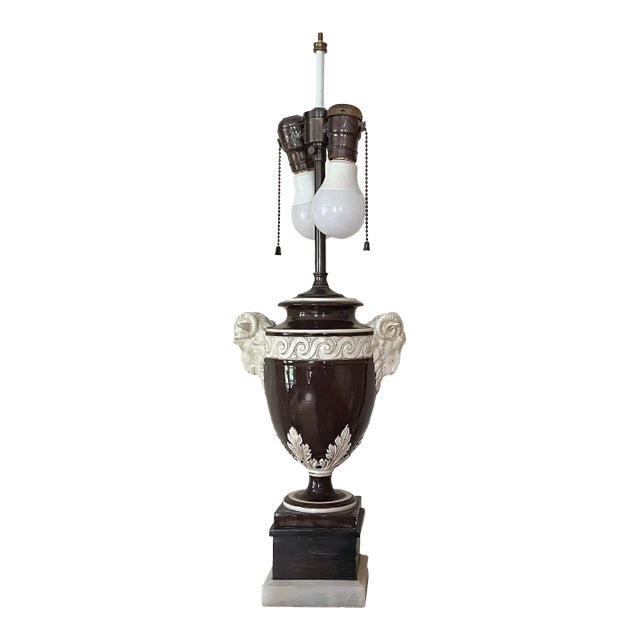 Fine Antique 19th Century Italian Creamware Urn With Goat Mask Handles Mounted as a Table Lamp For Sale