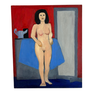 1970’s Original Modernist Abstract Female Nude in Interior Outsider Folk Art Oil Painting