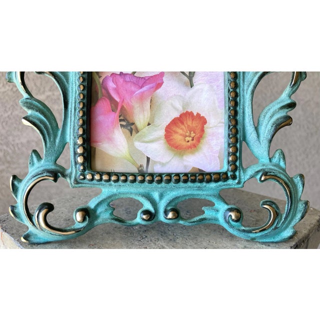 Circa 1980 Baroque-Style Verdigris & Gilt Acanthus Leaf Cast Iron Easel Back Picture Frame For Sale - Image 10 of 12