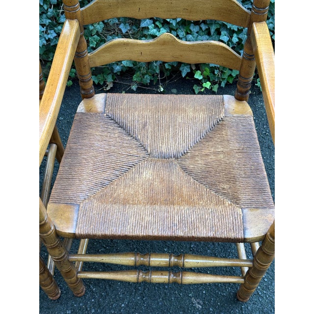 Textile Pair of Rustic English Country Ladder-Back Armchairs With Woven Rush Seats For Sale - Image 7 of 12