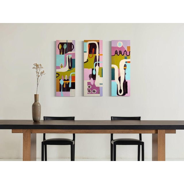 Abstract Christiane Corcelle "Dance of Spoons" Mixed Media on Canvas, Triptych Abstract Painting in Pink, Olive and Aqua, 2023 For Sale - Image 3 of 4