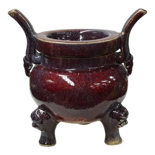 Orient Flame Oxblood Red Tri-Leg Ding Shape Ceramic Vase Container For Sale