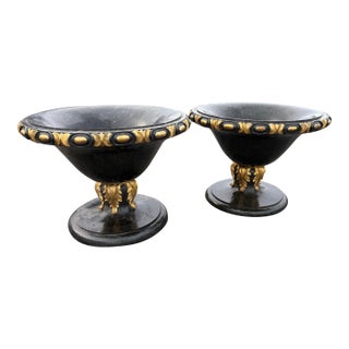 1980s Empire Style Neoclassical Black & Gold Marble Urn Pair For Sale