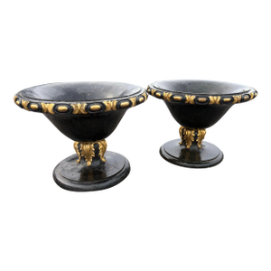 1980s Empire Style Neoclassical Black & Gold Marble Urn Pair