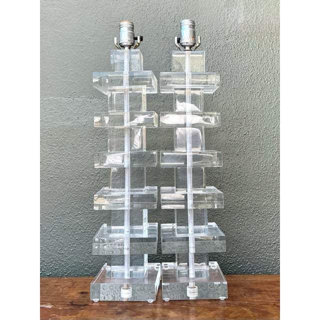 Vintage Stacked Lucite Blocks Lamps - A Pair For Sale - Image 12 of 12