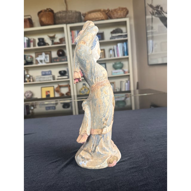1920s Expressive Carved Chinese Court Lady Figure, Polychrome Dancing Form, Early 20th Century For Sale - Image 5 of 8