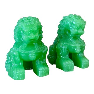 Pair of Vintage Chinese Style Faux Jade Foo Dog Guardian Statues For Sale