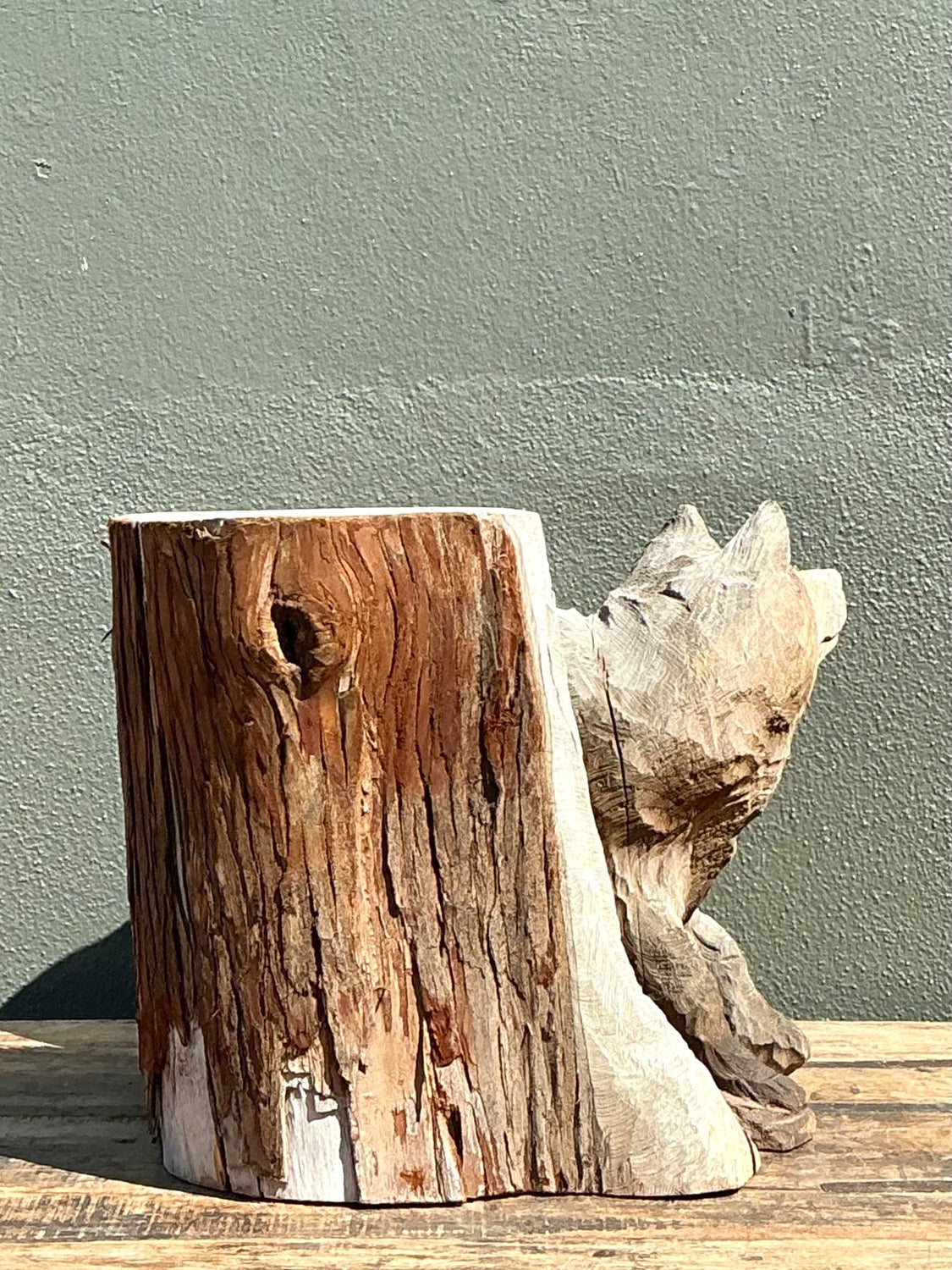 Vintage Hand Carved Fox on Stump - Top view