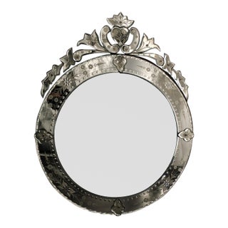 VTG Venetian Murano Glass Mirror Etched Floral Round Italy, 28.5" T X 22.5" W For Sale