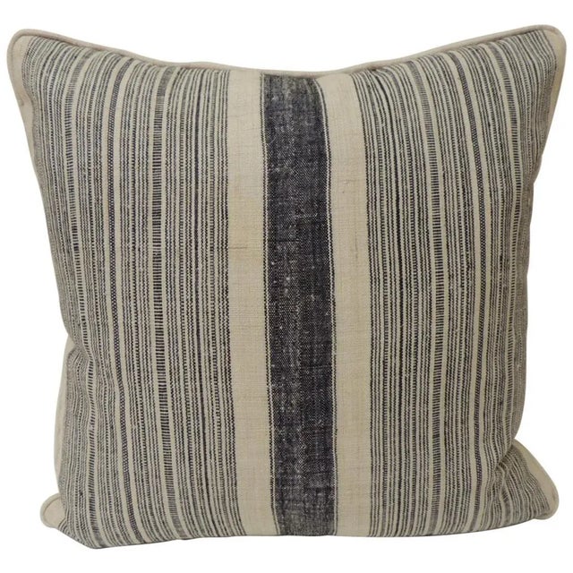 Tribal Vintage Chinese Homespun Blue and Natural Stripes Decorative Pillows - A Pair For Sale - Image 3 of 9