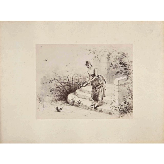 Michel Dumas, Feeding the Birds, Original Photograph, 19th-Century For Sale