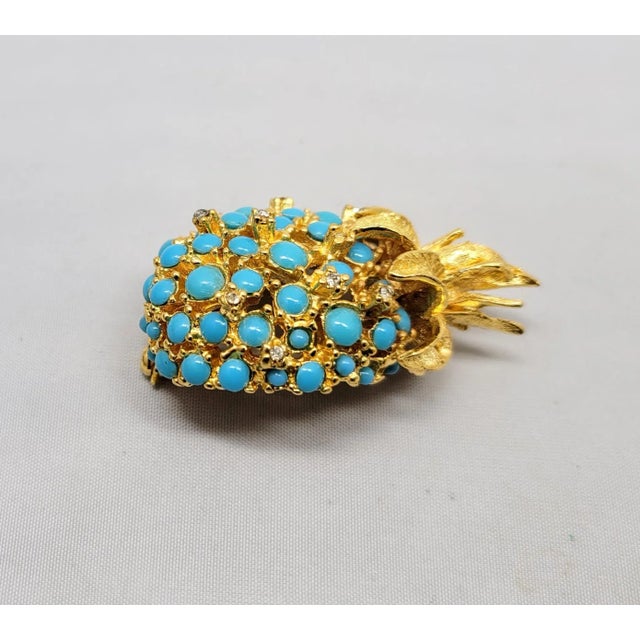 Metal Vintage Signed Alice Caviness Goldtone Faux-Turquoise Cabochon Pineapple Brooch For Sale - Image 7 of 7