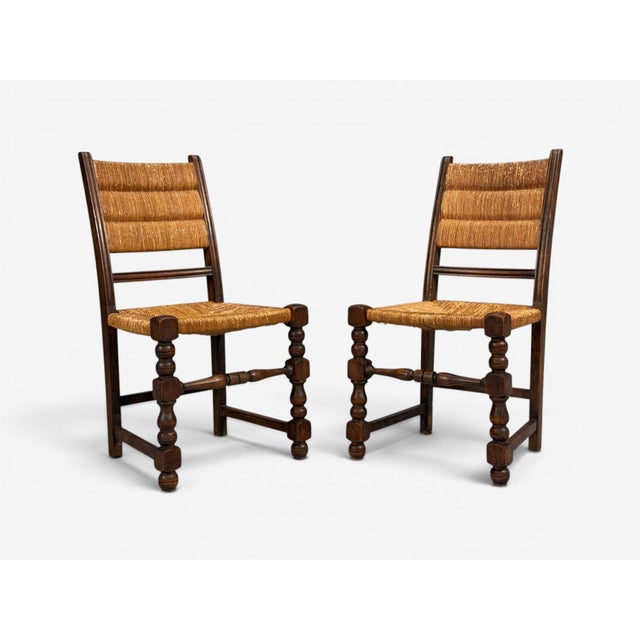 Charles Dudouyt Style, Eight Rustic Dining Chairs, Oak, Rush, France, 1940s For Sale - Image 9 of 10