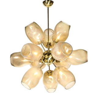 Modernist "Helios" Chandelier in Brass With Handblown Murano Smoked Glass Shades For Sale