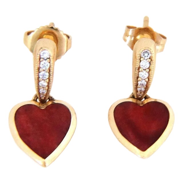 Kabana 14k Yellow Gold Diamond Spiny Oyster Shell Heart Dangle Earrings, 2 Pieces For Sale