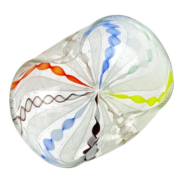 Vintage Murano Rainbow Colors Twisting Zanfirico Latticino Ribbons Italian Art Glass Decorative Bowl Trinket Dish For Sale