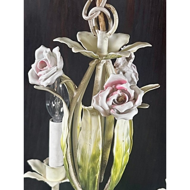 Vintage Tole Six-Arm Chandelier With Roses & Leaves For Sale In Los Angeles - Image 6 of 16