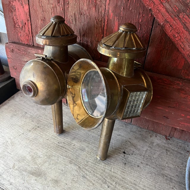 Pair of Antique Brass Carriage Lanterns With Glass Panels & Hinged Doors Vintage Home Decor or Restoration Pieces For Sale - Image 16 of 18
