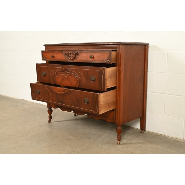 Berkey & Gay Style Antique Art Deco Carved Walnut Three-Drawer Dresser or Chest of Drawers, Circa 1930s For Sale In South Bend - Image 6 of 15