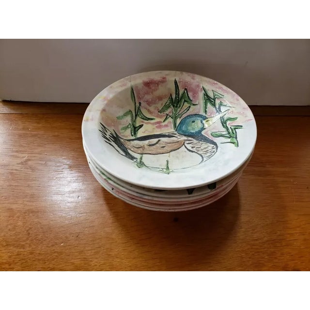 Set of 6 Vintage Hand Painted Ceramic Duck Soup Bowls, Signed For Sale - Image 9 of 9