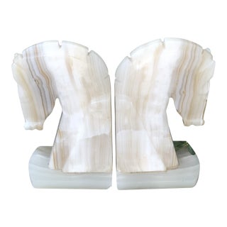 Mid 20th Century Carved Alabaster Horse Bookends - a Pair For Sale