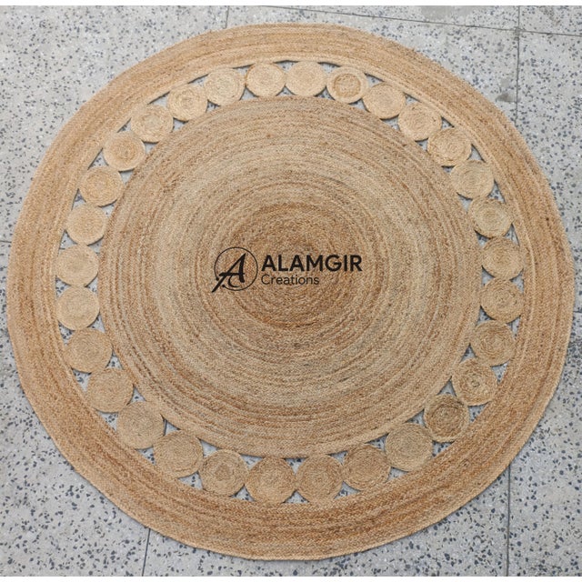Handwoven Natural Jute Round Rug With Double Border & Cutwork Detail For Sale - Image 9 of 9