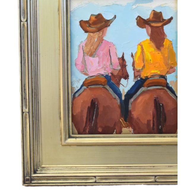 Impressionist oil painting on an artist's hardboard panel of western cowgirls on horses, with hats displayed in a...