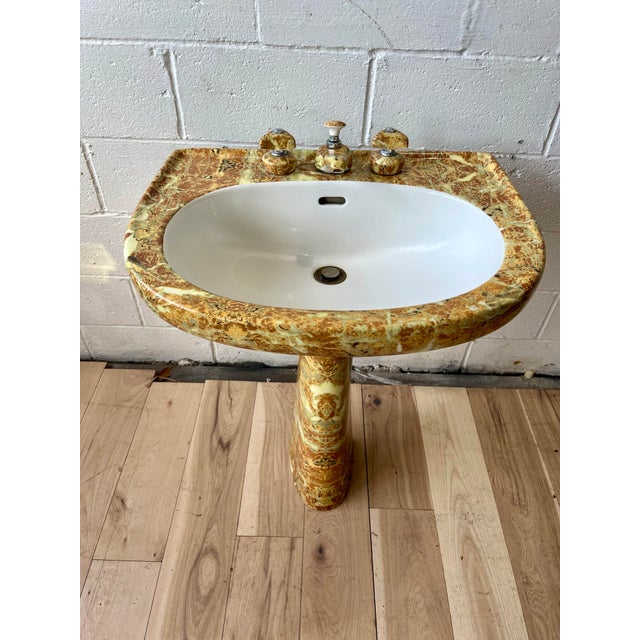Ceramic 1970s Hollywood Regency Faux Marble Pedestal Sink With Matching Fixtures For Sale - Image 7 of 11